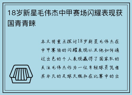 18岁新星毛伟杰中甲赛场闪耀表现获国青青睐